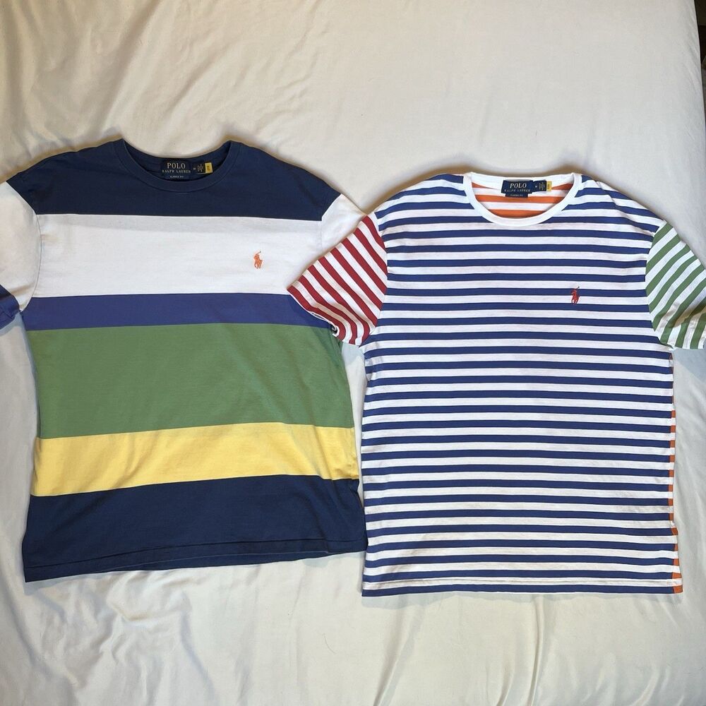 Polo Ralph Lauren Striped Shirt Lot Of 2 Mens M Pony Crew Neck Multicolor